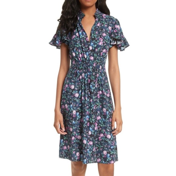 Rebecca Taylor Ruby Navy Floral Hammered Silk Mini Dress Size 2 Cottage‎ Peasant - Picture 1 of 12